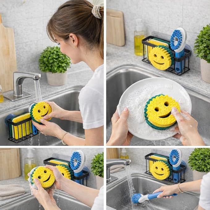 Smiley Sponge Holder for Kitchen Sink – Suction Cup Sink Caddy Organizer – No Drill Kitchen Sink Organizer for Sponge, Soap & Scrubber – Rustproof Metal Sink Sponge Holder – Includes Face Sponge.