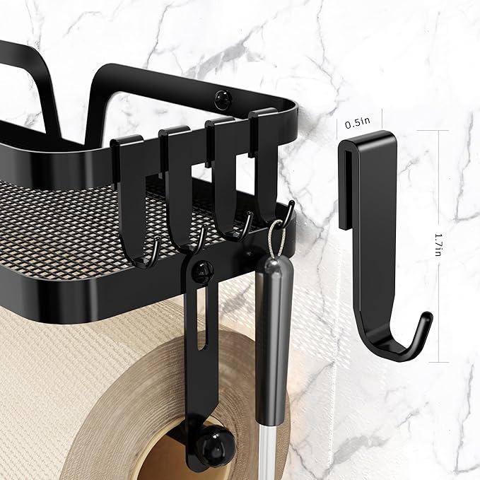 Taozun Paper Towel Holder with Shelf, Kitchen Paper Holder Spice Rack Black Paper Towel Roll Holder RV Paper Towel Rack with 4 Hooks(2 Installation Methods - Self-Adhesive and Drilling)