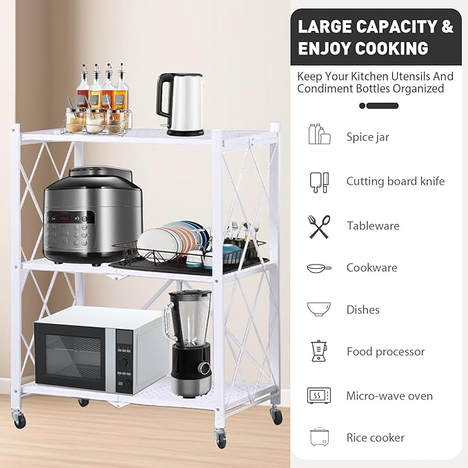 Foldable Storage Shelves with Wheels, Folding Shelving Units Storage, Heavy Duty Metal Collapsible Shelf No Assembly, Large Capacity Pop-Up Organizer for Garage,Kitchen,Living Room, 3-Tier White