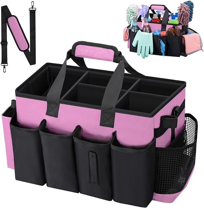 Wigojoy Wearable Large Cleaning Caddy Bag for Housekeeper, Clean Supply Organizer with Adjustable Shoulder, Waist & Handle Straps, Detailing Bag for Kitchen Supplies (Pink)