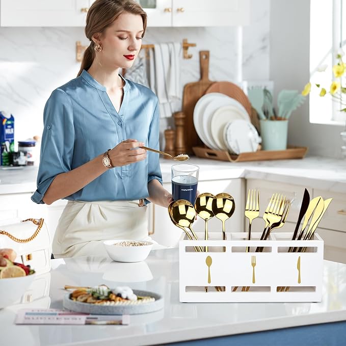 Ayiaren Wood Flatware Silverware Caddy White Cutlery Holder Kitchen Utensils Holder for Party Wooden Silverware Organizer for Countertop Knife Spoon and Fork Holder Table Utensil Caddy Organizer