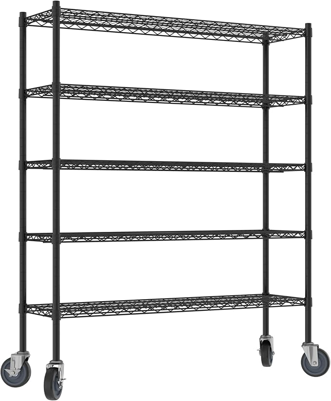 Commercial NSF Listed Black Epoxy Mobile Wire Shelving Kit 14" x 48" x 60", with 5 Shelves Perfect for Warehouse, Walk-in Refrigerator, Freezer, Grocery Store, Restaurant, Dishroom