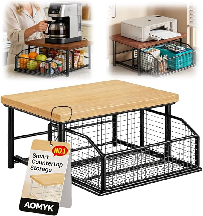Kitchen Countertop Organizer with Drawer and Wire Basket, Microwave Cart Stand with Sliding Storage Shelf, Space-Saving Counter Organizers Rack, Compact 2-Tier Shelf for Coffee Maker(Wood-Black)