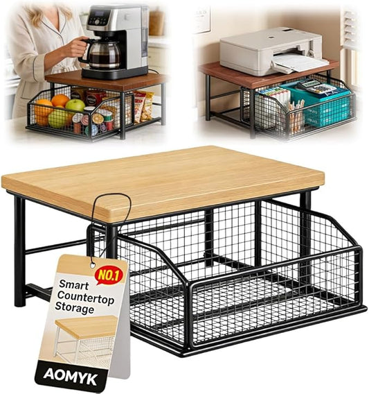 Kitchen Countertop Organizer with Drawer and Wire Basket, Microwave Cart Stand with Sliding Storage Shelf, Space-Saving Counter Organizers Rack, Compact 2-Tier Shelf for Coffee Maker(Wood-Black)