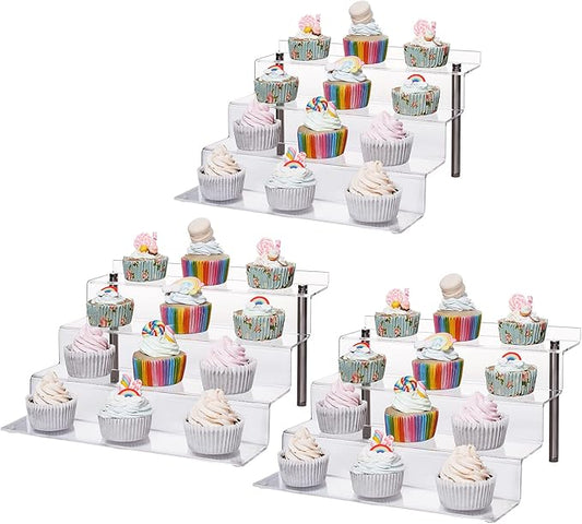 Acrylic Riser Shelf 4 Tier Clear Display Stand for Collectibles Pop Figures, Cupcakes, Perfumes, Display Risers for Decorating & Organizing - 11.8 x 10.8 x 6.5 in (Large, 3 Pack)