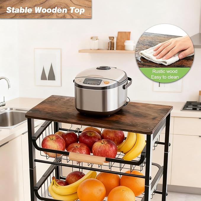 4-Tier Fruit Basket for Kitchen Counter Utility Organizer Carts on Wheels&Wood Top with Storage, Rolling Kitchen Cart for Pantry, Living Room (Black)