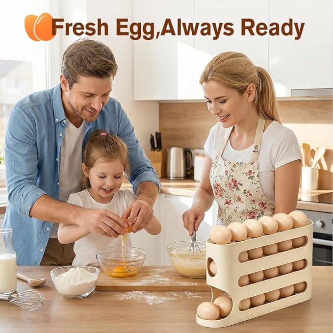 Clear Egg Holder for Fridge, 2026 New Rolling Egg Dispenser for Refrigerator, Auto Rolling Egg Dispenser for 30 Eggs, Space-Saving Egg Roller, Organizer, Container, Kitchen Countertop (White)