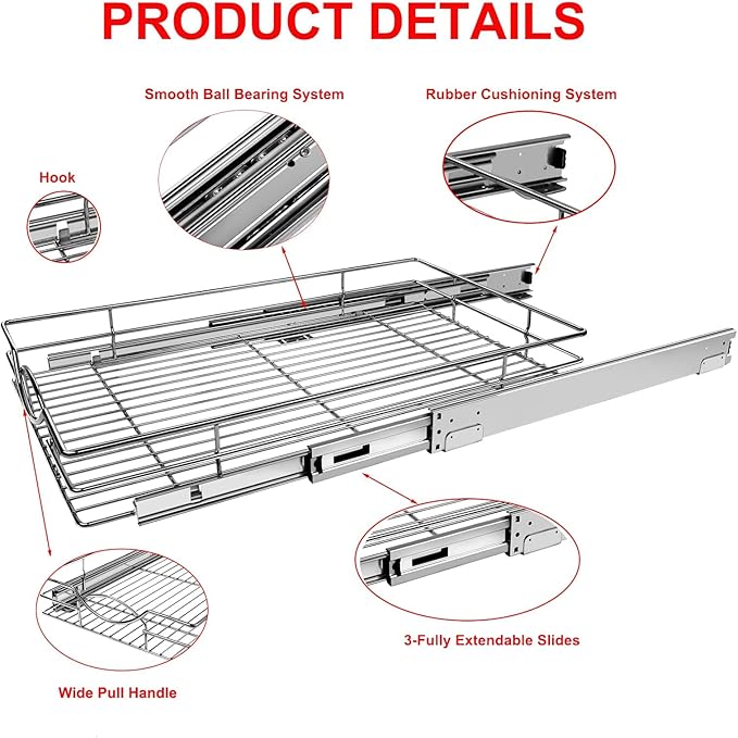 Pull Out Cabinet Organizer, Heavy Duty Kitchen Cabinet Pull Out Shelves, Slide Out Wire Basket for Kitchen Cabinets, Bathroom, Pantry, Chrome Finish (11 * 17 in)