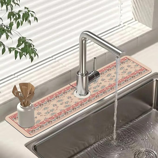 Sink Splash Guard Faucet Mat Retro Boho Flowers Absorbent Fast Drying Mat Sink Gadgets Splash Guard Behind Faucet Drip Catcher for Kitchen Bathroom 23.5"X5.5"