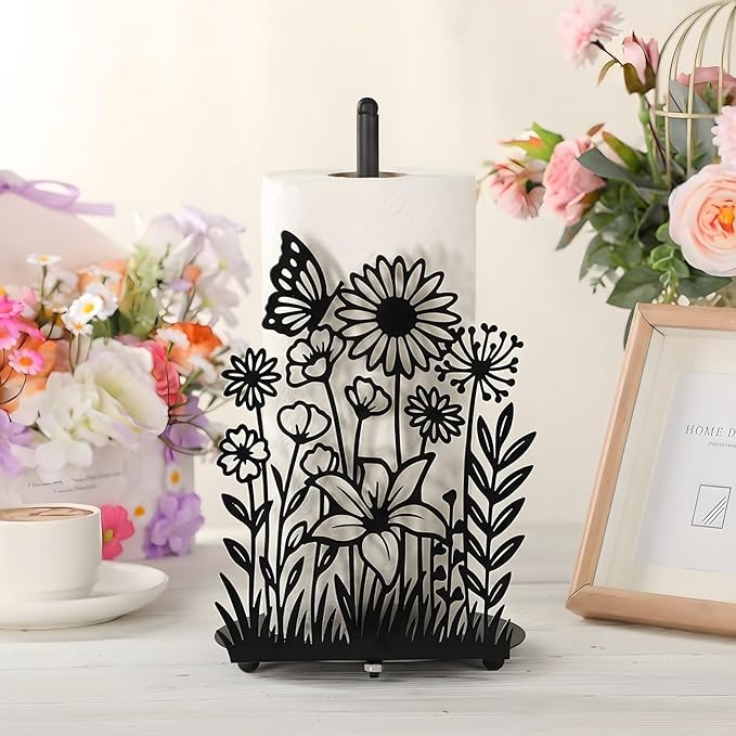 Wildflower Paper Towel Holder Black Metal Paper Towel Holder Large Decorative Tissue Stand Kitchen Decor Accessories for Home Party Bathroom Countertop Dining Table
