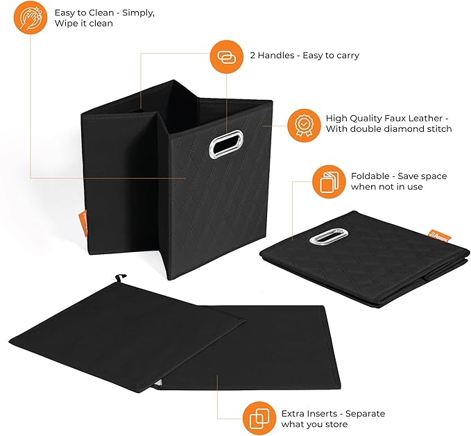 FH Group JIAessentials 11" Faux Leather Foldable Storage Cube Bins Set of 2 – Black Diamond Patterned Organizers with Handles for Closet & Shelves