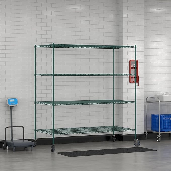 Commercial NSF Listed Green Epoxy Mobile Wire Shelving Kit 36" x 72" x 80", with 4 Shelves Perfect for Warehouse, Walk-in Refrigerator, Freezer, Grocery Store, Restaurant, Dishroom