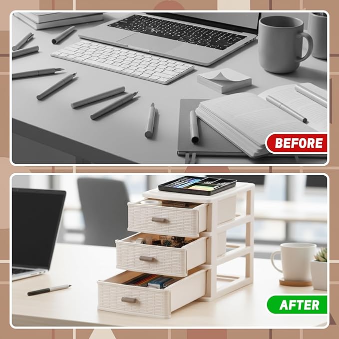 Small Storage Desk Drawer 3 Drawers Plastic Storage Mini White Plastic Weave Drawer Unit with Pull Handles Desk Organizer Small Bin Container for Office Supplies Craft Countertop Makeup Bathroom
