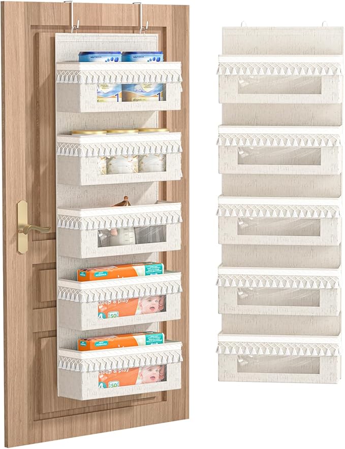 Aokeyee 5 Shelf Over The Door Organizer Nursery, Boho Closet Hanging Organizer Storage with Tassels and Clear Window, Behind The Door Storage for Baby Nursery, Bedroom, Bathroom, Laundry, Pantry