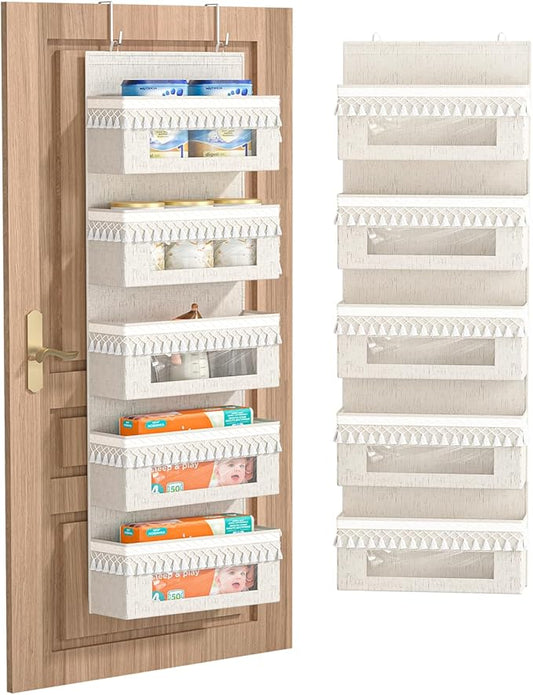 Aokeyee 5 Shelf Over The Door Organizer Nursery, Boho Closet Hanging Organizer Storage with Tassels and Clear Window, Behind The Door Storage for Baby Nursery, Bedroom, Bathroom, Laundry, Pantry