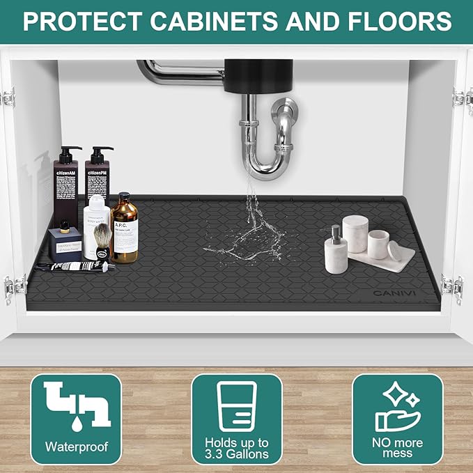 CANIVI Under Sink Mat, 34" x 22" Waterproof Silicone Under Sink Tray for Kitchen & Laundry Cabinets, Kitchen Cabinet Shelf Protector, Up to 3.3 Gallons Liquid, Fits 36 inch Standard Cabinet(Grey)