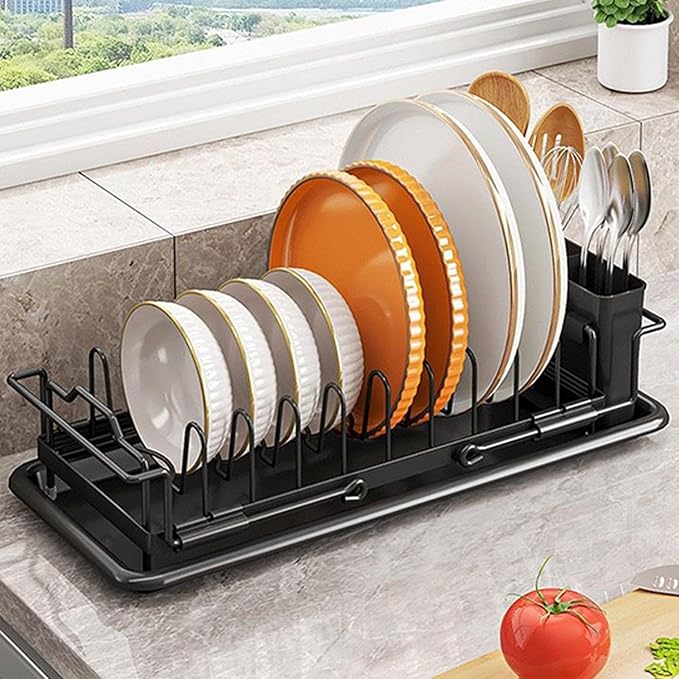 Dish Drying Rack, Retractable Sink Drainer, Adjustable Non Slip Organizer for Kitchen Counters Apartment RV Farmhouse Use Holding Pots Pans Utensils, Space Saving Design for Daily Cleaning