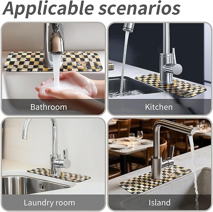 Kitchen Sink Splash Guard，black and gold checkered Faucet Mat Sink Gadgets-Super Absorbent Fast Drying Mat Drip Catcher for Kitchen, Bathroom,Sink Mat, Dish Drying Mat, Bathroom(15" X 5.5" )