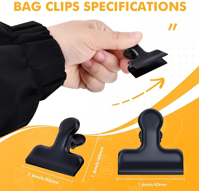 Chip Bag Clips, 12Pcs Stainless Steel Chip Clips for Food Packages, Metal Kitchen Clip for Snack Bags, Food Storage and Office Home Kitchen, Black