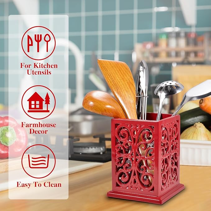 jogreful Utensil Holder, Cast Iron Kitchen Utensil Crock for Countertop, Extra Large Utensil Organizer with Weighted-Base, Housewarming Vintage Decor, Classic Style, Red
