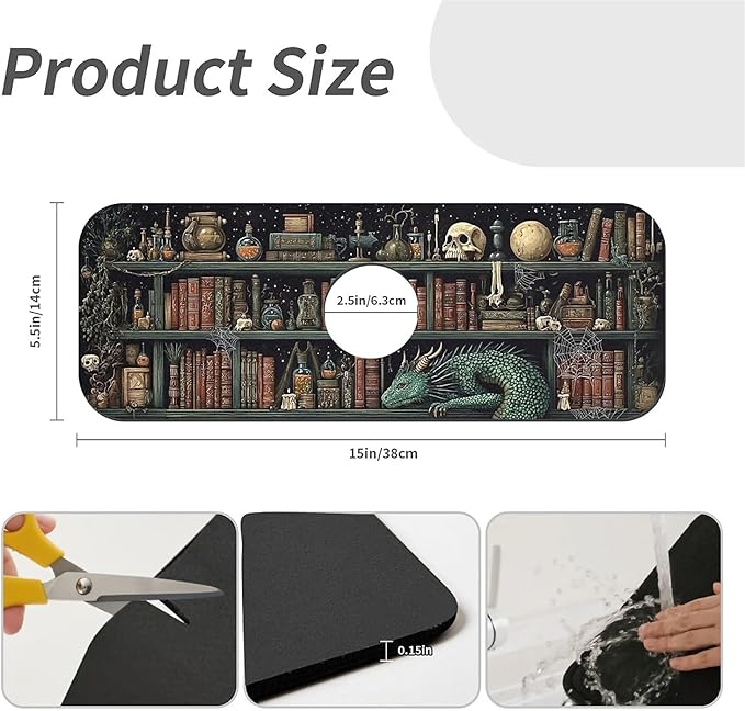 Kitchen Sink Splash Guard，Mystical bookshelf filled Faucet Mat Sink Gadgets-Super Absorbent Fast Drying Mat Drip Catcher for Kitchen, Bathroom,Sink Mat, Dish Drying Mat, Bathroom(15" X 5.5" )