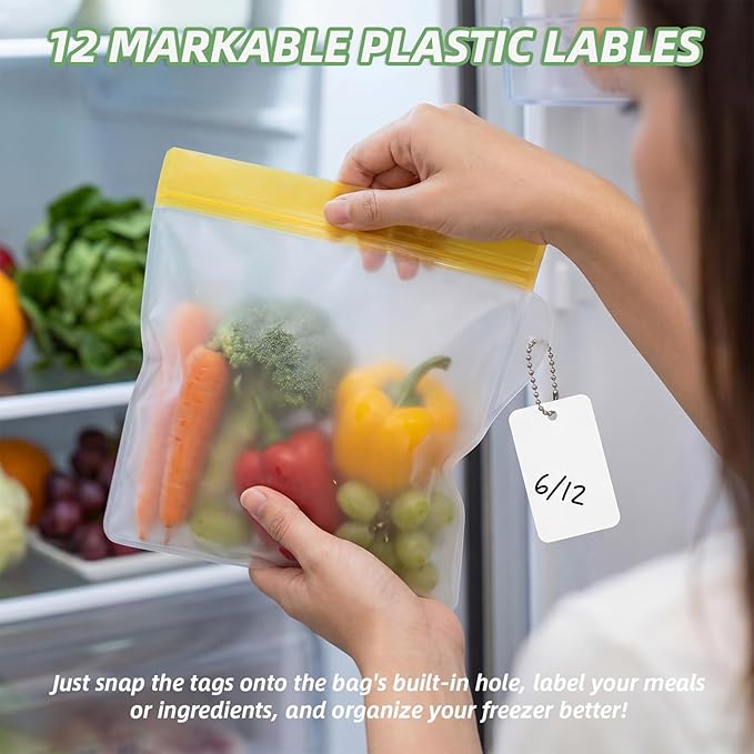 RLAVBL 12 Pack Reusable Freezer Bags, Leakproof Food Storage Bags for Vegetable, Liquid, Snack, Meat, Sandwich - 3 Gallon 4 Sandwich 5 Snack Bags