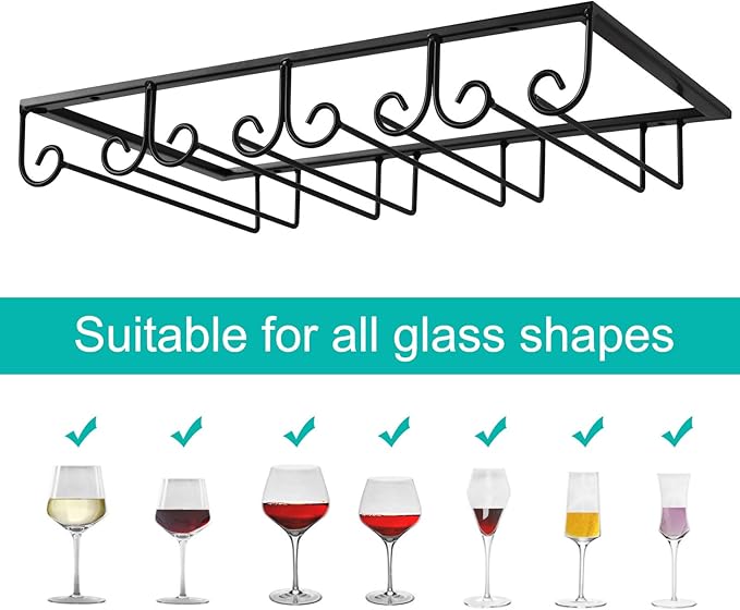 MOCOUM Under Cabinet Stemware Hanger, Glass Holder Storage Hanger for Cabinet Kitchen Bar (Black, 4 Rows 2 Pack)