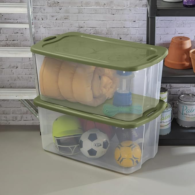 120 Quart Extra Large Clear Plastic Storage Bin with Full-Grip Handles and Lid, Heavy Duty Stackable Design for Toy Storage & Home Organizing, Craft Supplies, Green (1)