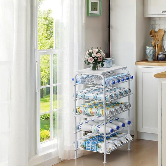 Vrisa 5 Tier Water Bottle Storage Rack Vertical Freestanding Bottled Water Organizer Large Capacity Beverage Drink Soda Can Holder Stand for Kitchen Pantry Home Party Food Storage, White