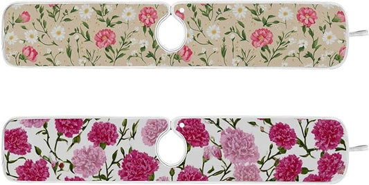 2 PCS Kitchen Sink Splash Guard 30 Inch Faucet Mat for Kitchen Sink Bathroom Sink Faucet Absorbing Drip Drain Mat Pad Microfiber Soft Washable Beige and Pink Carnation