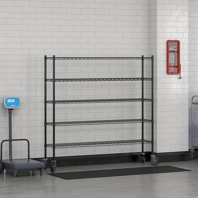 Commercial NSF Listed Black Epoxy Mobile Wire Shelving Kit 12" x 60" x 60", with 5 Shelves Perfect for Warehouse, Walk-in Refrigerator, Freezer, Grocery Store, Restaurant, Dishroom