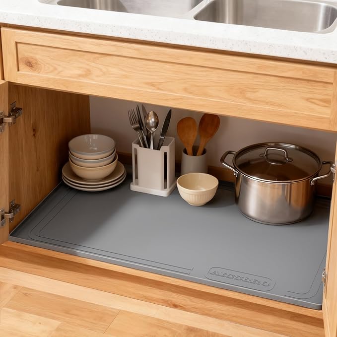 Aisslro Under Sink Mat 28" X 19", Waterproof Silicone Under Sink Mats for Kitchen, Anti-Leak Shelf Liner & Cabinet Protector with Raised Edge, [BPA Free] Bathroom Tray Home Organizer, Grey