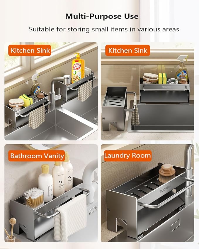 Kitchen Sink Organizer Sponge Holder:Sink Caddy with Dishrag Holder,Rustproof Carbon Steel with Auto-Drain,Dish Sponge & Soap Dispenser Towel Rack for Kitchen Countertop Storage, Grey