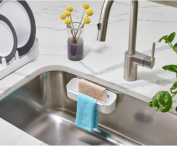 iDesign Suction Kitchen Sink Caddy Sponge Holder with Dishcloth Bar - White