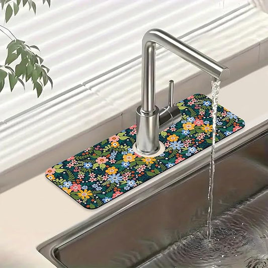 Colorful Flower Sink Splash Guard Faucet Mat Flowers Leaves Super Absorbent Fast Drying Mat Sink Gadgets-Splash Guard Behind Faucet Drip Catcher for Kitchen Bathroom, 15.5"x5.5"