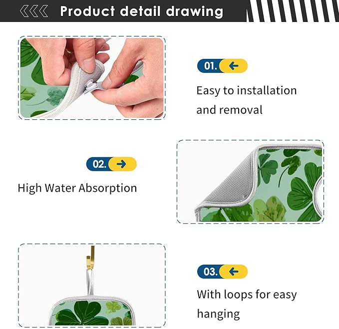 2 PCS Kitchen Sink Splash Guard 30 Inch Faucet Mat for Kitchen Sink Bathroom Sink Faucet Absorbing Drip Drain Mat Pad Microfiber Soft Washable Green St Patrick Clovers