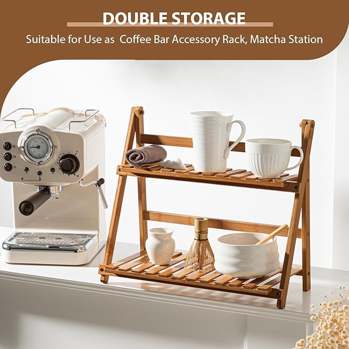 Matcha Station Shelf,15.7'' Coffee Station Organizer, 2 Tiers Bamboo Mug Holder Countertop,Desktop Flower Pot Rack for Home Living Room Window Sill Foldable Display Storage Shelf (Brown)