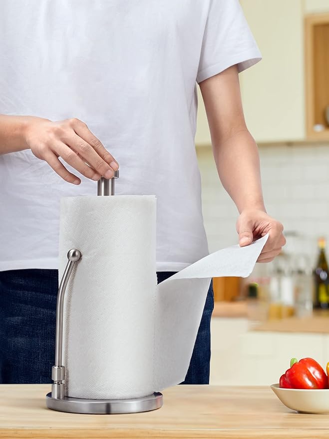 SMARTAKE Paper Towel Holder, Paper Towel Dispenser Standing Weighted Base Non Slip, Spring Arm for Easy Tear, Stainless Steel Paper Towel Holder for Home Kitchen Countertop Tabletop, Silver
