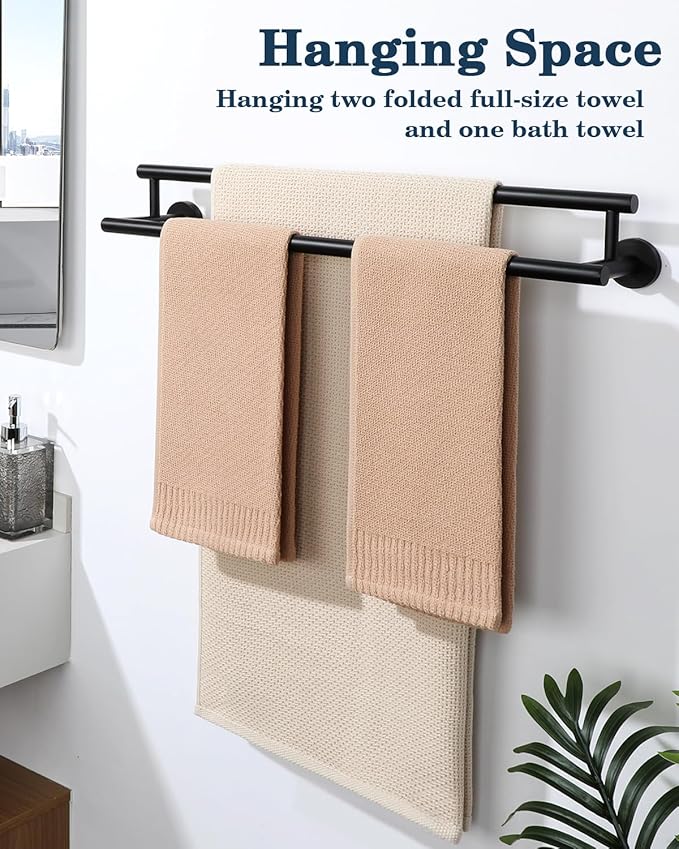 Alise Black Double Towel Bar,24-Inch Towel Rack for Bathroom Wall Mounted,SUS304 Stainless Steel Bathroom Towel Holder,Space-Saving Hand Towel Holder,Towel Rail Hanger for Wall, Kitchen