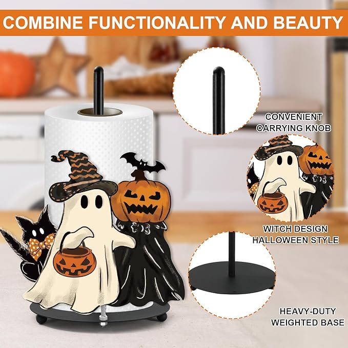 JarThenaAMCS Halloween Paper Towel Holder Pumpkin Ghost Cat Kitchen Decor Accessories Large Metal Towel Holder Stand for Fall Home Party Bathroom Countertop
