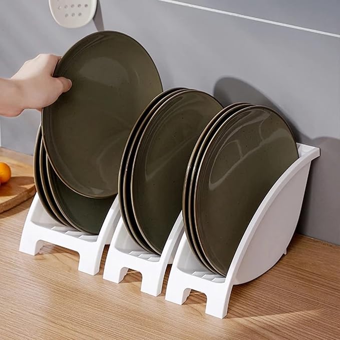 3PCS Dinner Plate Holder,Plastic Kitchen Cabinet Organizer for Dishes Vertical Dishes Storage Rack for Kitchen Countertop(White),3 sizes