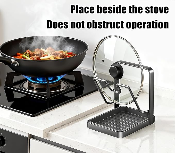 Kitchen Pot Lid Storage Rack, Carbon Steel Pan Lid Organizer Holder with Spoon Rest for Countertop Cooking Storage (Cream - Single Layer)