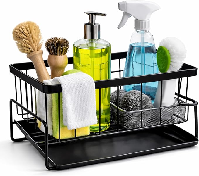 Kitchen Sink Caddy Organizer, Carbon Steel Sponge Holder with Removable Drip Tray, Countertop Storage Rack