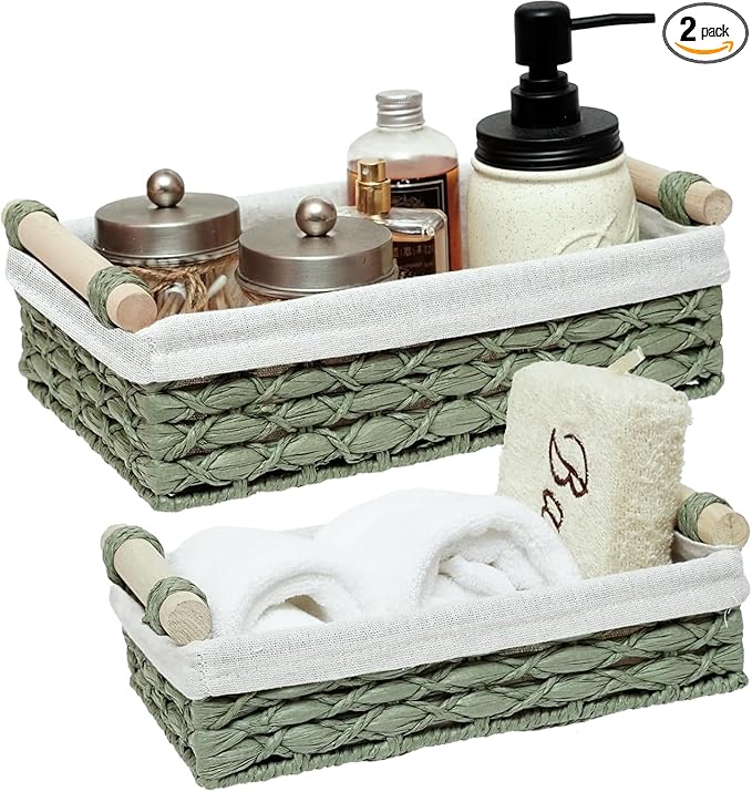 Set of 2 Green Paper Rope Storage Baskets with Wood Handles and Liner – Woven Organizer Bins for Kitchen, Pantry, Bathroom Shelf & Rustic Decorative Home Storage