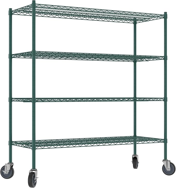 Commercial NSF Listed Green Epoxy Mobile Wire Shelving Kit 21" x 54" x 60", with 4 Shelves Perfect for Warehouse, Walk-in Refrigerator, Freezer, Grocery Store, Restaurant, Dishroom