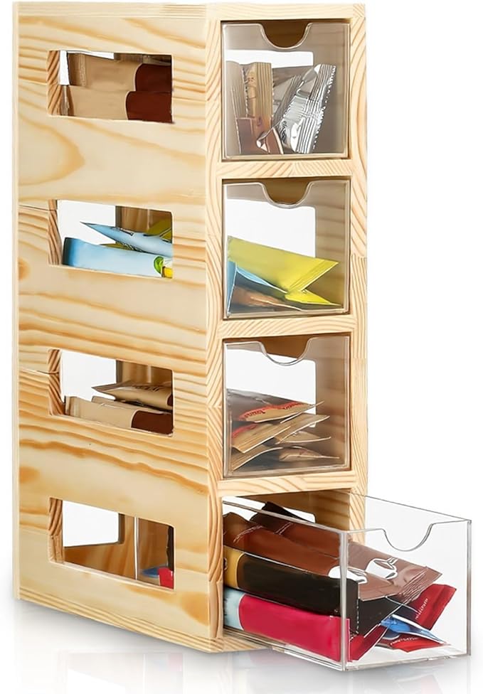 Novabright Tea Bag Organizer with 4 Drawers Drink Packet Organizer Wood and Acrylic Water Flavor Storage Tea Bag Holder for Kitchen Countertop Home Table Pantry Organization 11 x 7 x 3 Inches