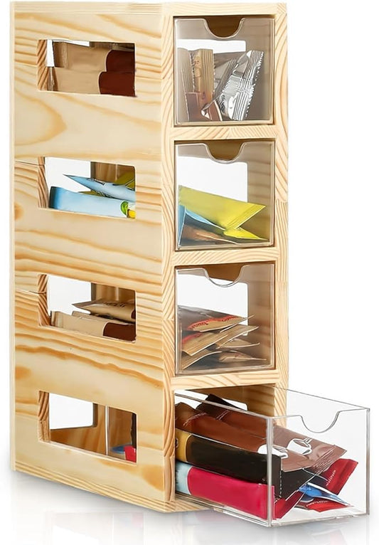 Novabright Tea Bag Organizer with 4 Drawers Drink Packet Organizer Wood and Acrylic Water Flavor Storage Tea Bag Holder for Kitchen Countertop Home Table Pantry Organization 11 x 7 x 3 Inches