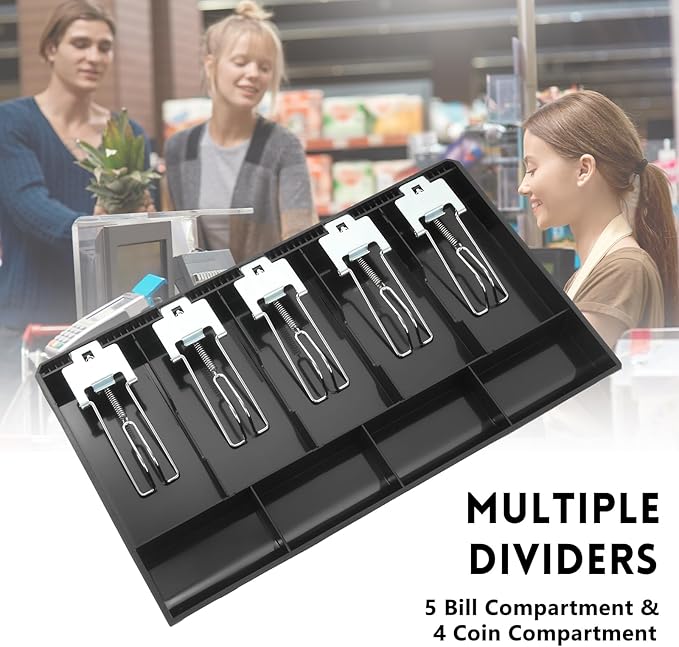 QTLCOHD 2 Pcs Cash Register Drawer Insert Tray 4 Coin/5 Bill Coin Compartments Money Drawer Organizer with Plastic Clip for Money Storage, Bills, Cash, Small Business