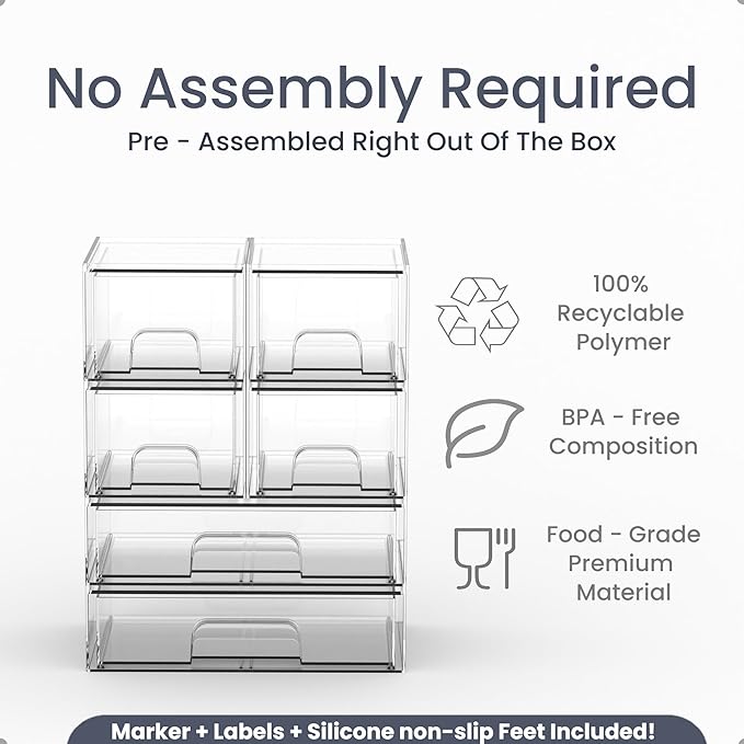 Clear Baby Bottle Organizer For Cabinet, Storage Bins with Pull-Out Drawers, 6-Pack Organizer Set with Labels, Premium PET Plastic Storage Organizer for Pantry, Bathroom, Vanity, Countertop