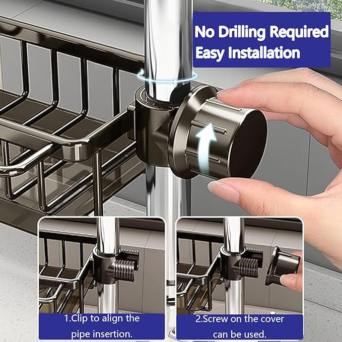 DURAUSE Kitchen Sink Faucet Organizer Multifunction Sponge Holder Organizer Sink Drain Holder Over Faucet Kitchen Sink Caddy with Hook Adjustable for 0.7-1.1inch Round Water Pipe (Black, B)